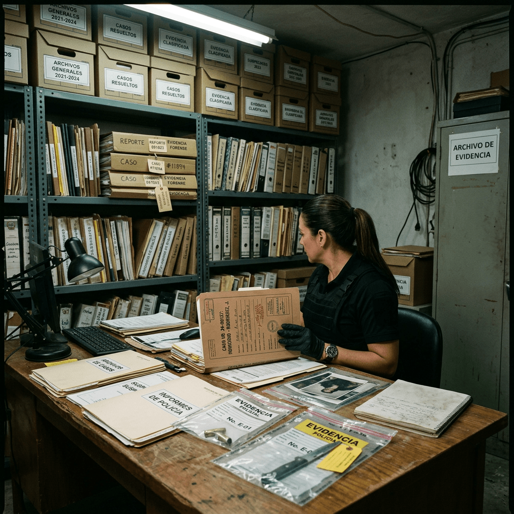 Forensic archivist examining case folder in evidence archive room