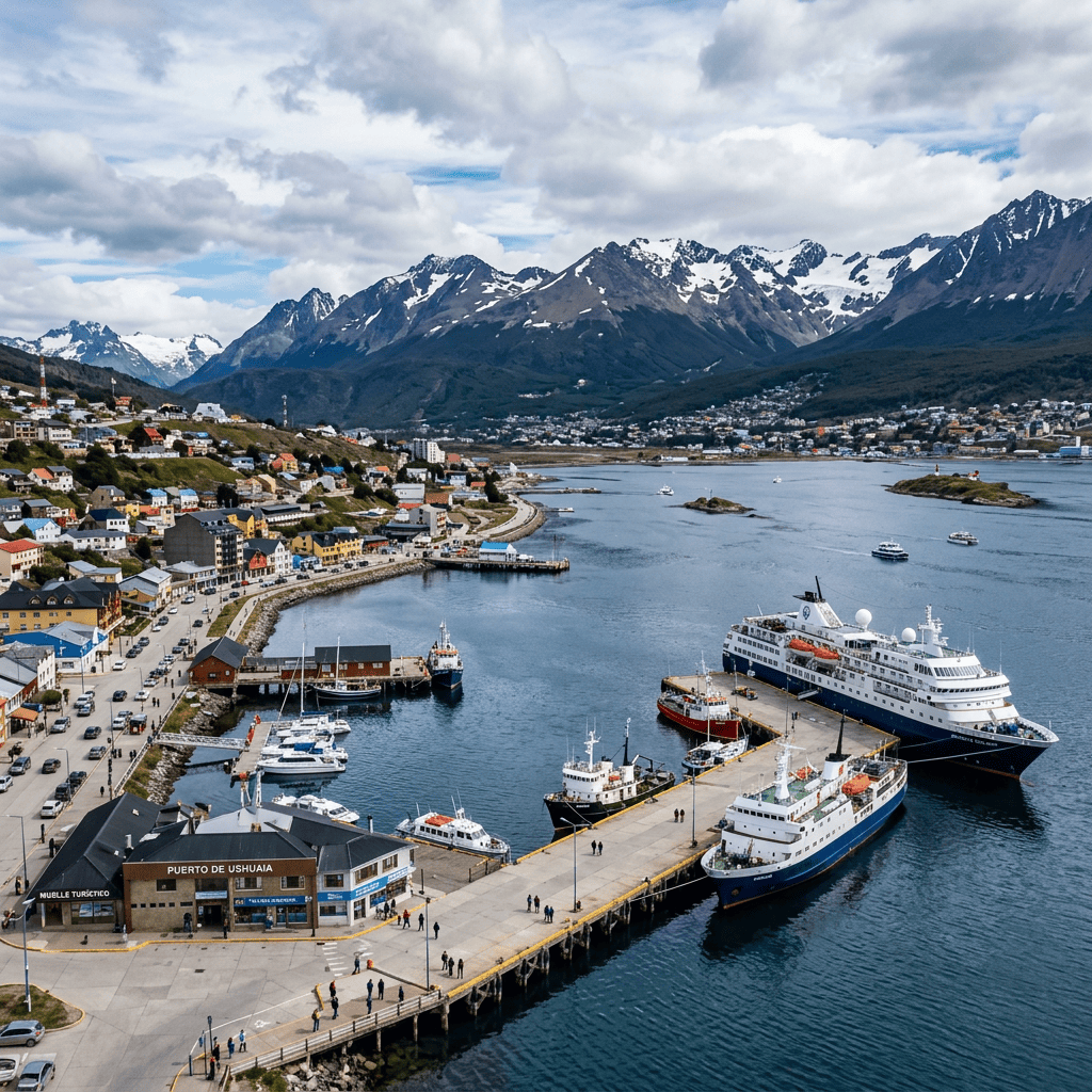 Ushuaia harbor with ships, waterfront buildings, and snowcapped mountains