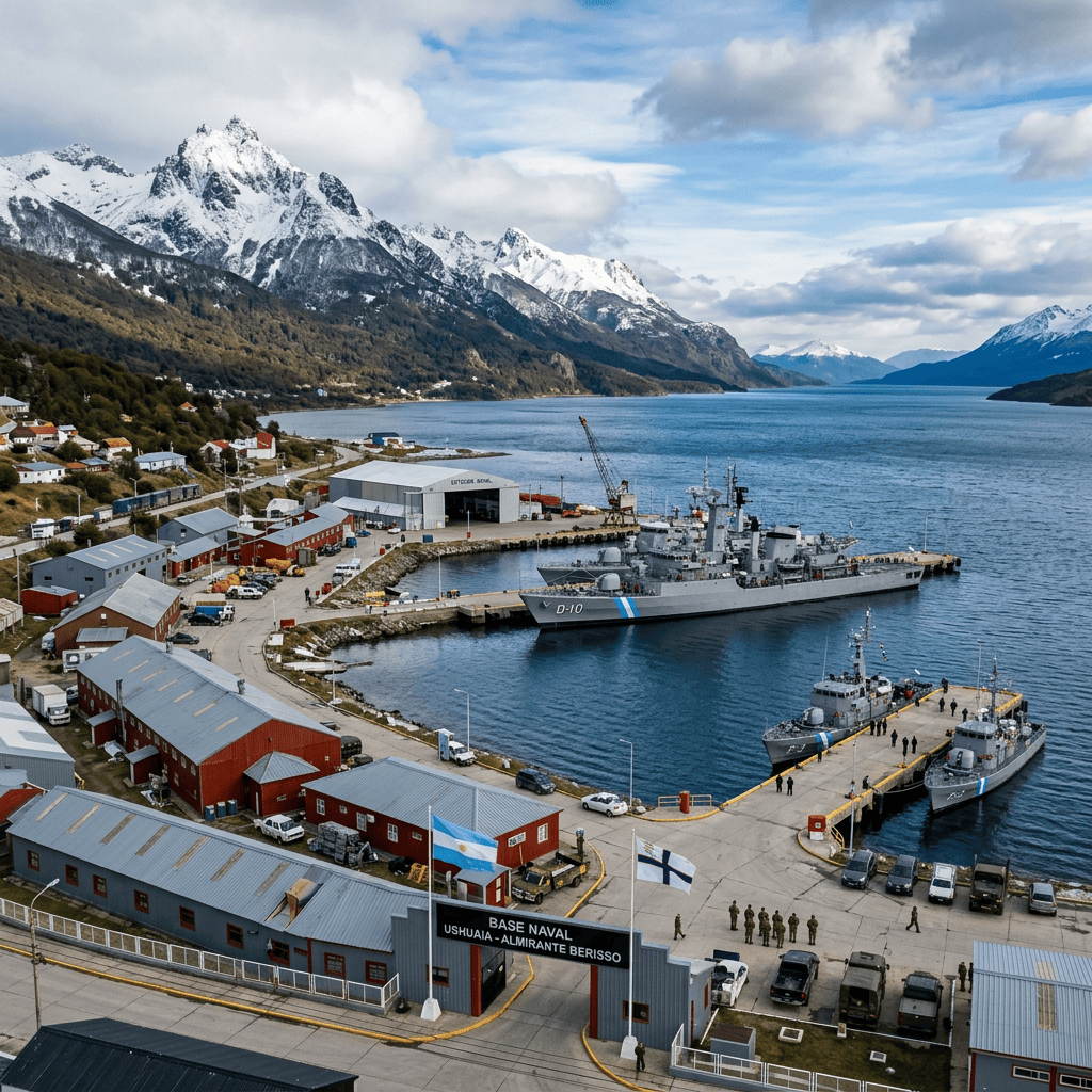 Ushuaia naval base sign, D-10 vessel, patrol boats, harbor, and snowy mountains