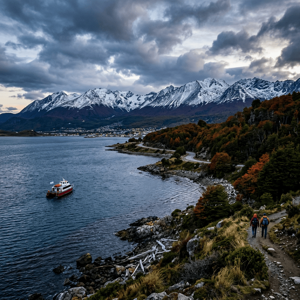 Hikers on a lakeside trail beneath snow-capped mountains, with a boat offshore